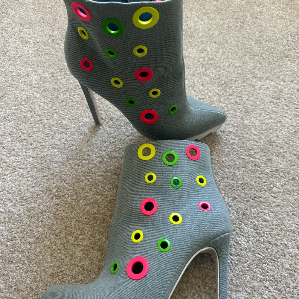Privileged Light Denim Booties with Neon Cutouts - Picture 4 of 5